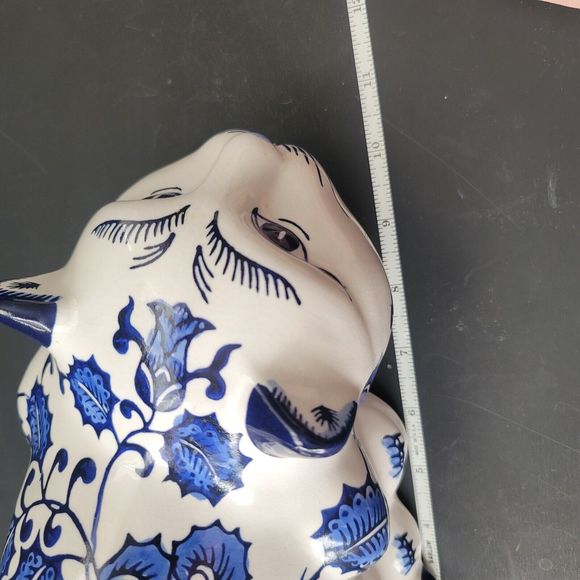 Cobalt Blue & White Chinoiserie Porcelain Cat Floral Chintz Design 10x5x5" Vtg - Picture 6 of 12